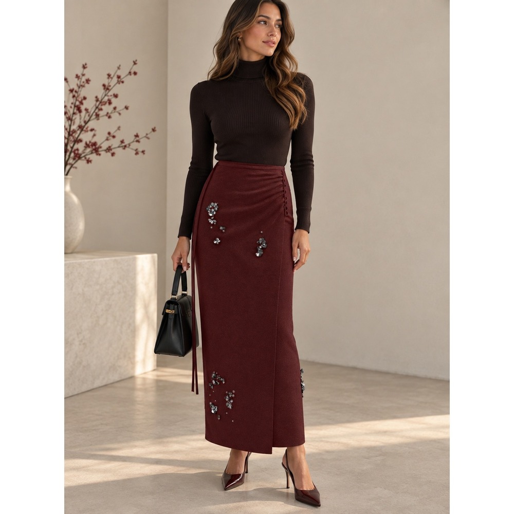 COMMENSE Burgundy Soft Wool Blend Sequin Embellished Knit Maxi Skirt Size Large
